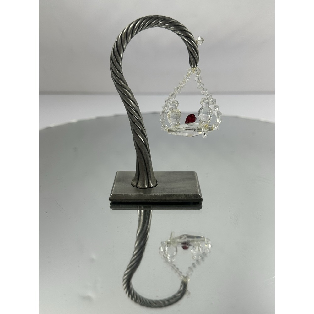 Vintage Glass Clear Love Birds & Pewter Stand 3.5"